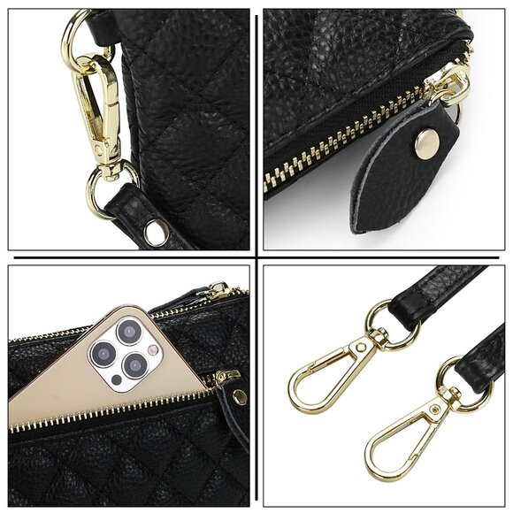 Genuine Leather Crossbody Bags for Women Wristlet- Crossbody Black Quilted - Picture 5 of 8
